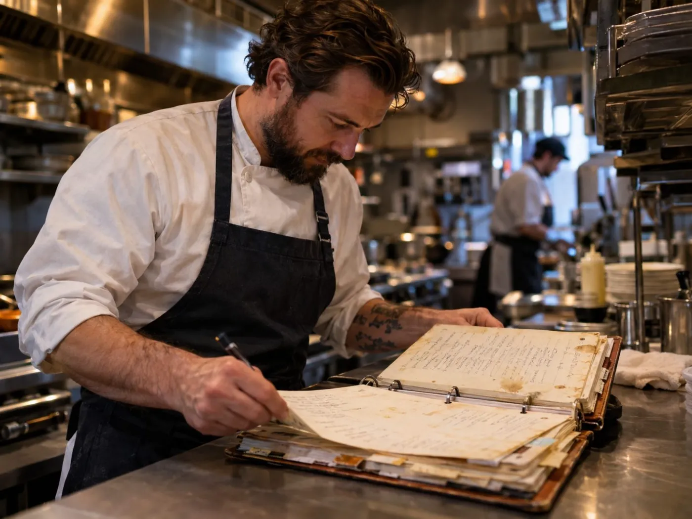 A chef working through the kitchen binder