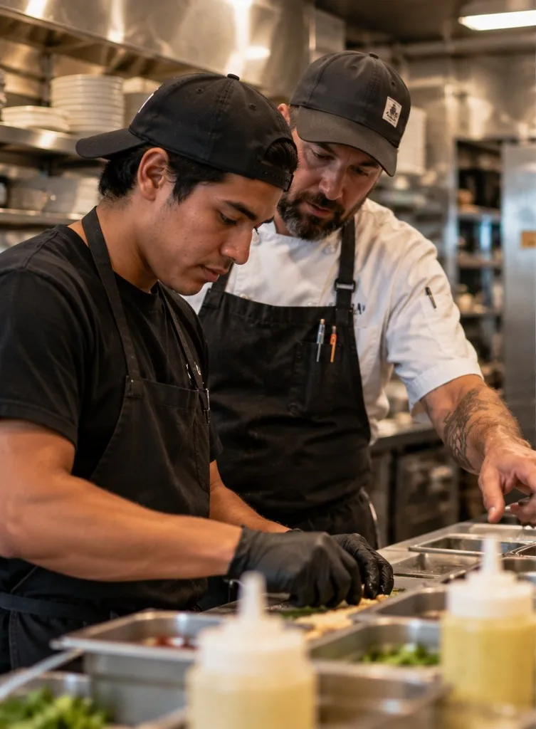 A chef showing a new cook how a dish is plated on the line