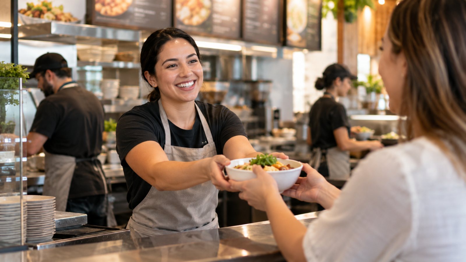 A team member handing a finished bowl across the counter