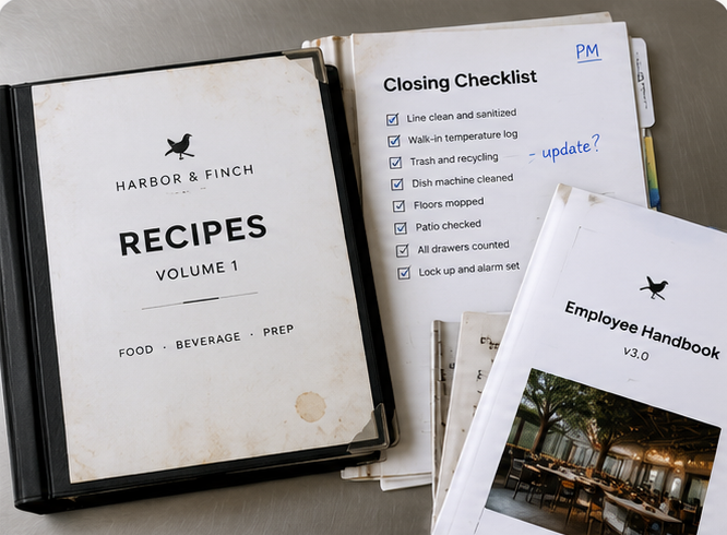 A recipe binder and a marked-up closing checklist