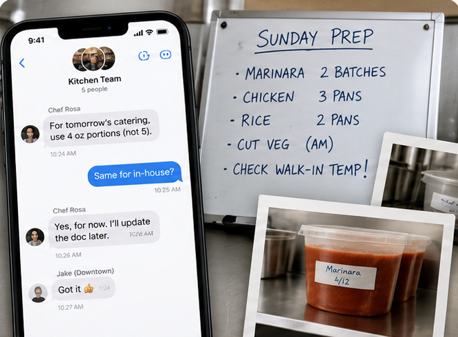 A kitchen group text thread and a prep whiteboard